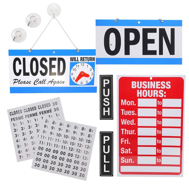 DGQ Business Hour Open Closed Sign & Push Pull Door Signs â€“ Bundle of Office Hours Sign Will Return Clock with Suction Cups for Door Window Businesses Stores Restaurants Bars Salon Shops - Image 1